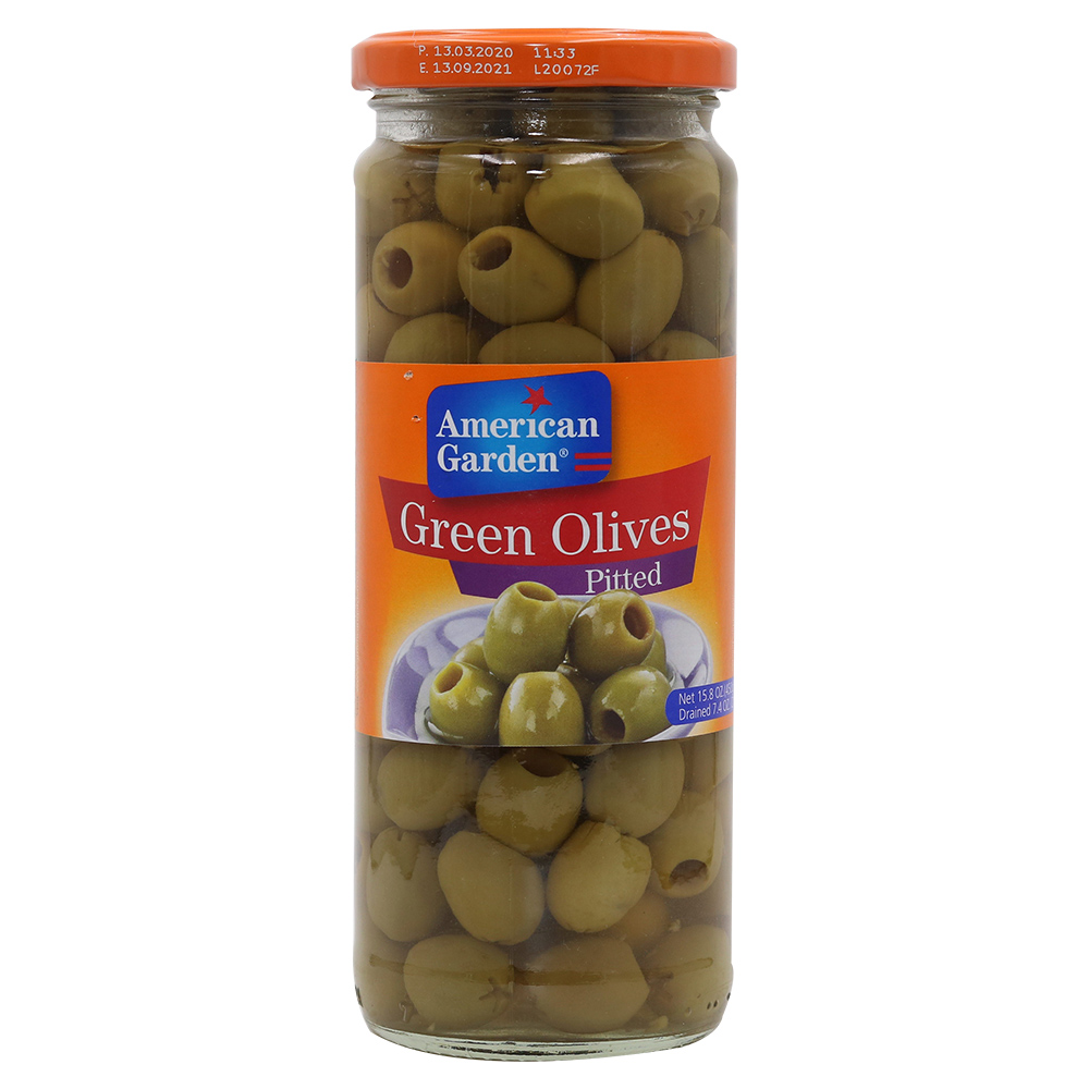 American Garden Green Olives Pitted 450g